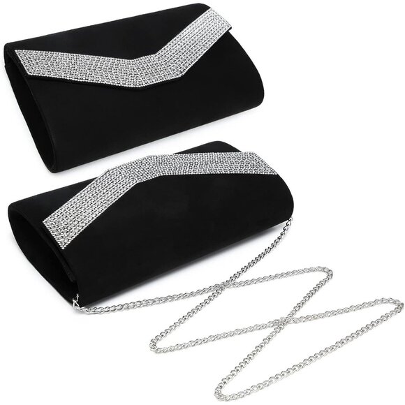 Women's Black Evening Formal Party Clutches Cocktail Prom Velvet Handbags - Picture 3 of 5